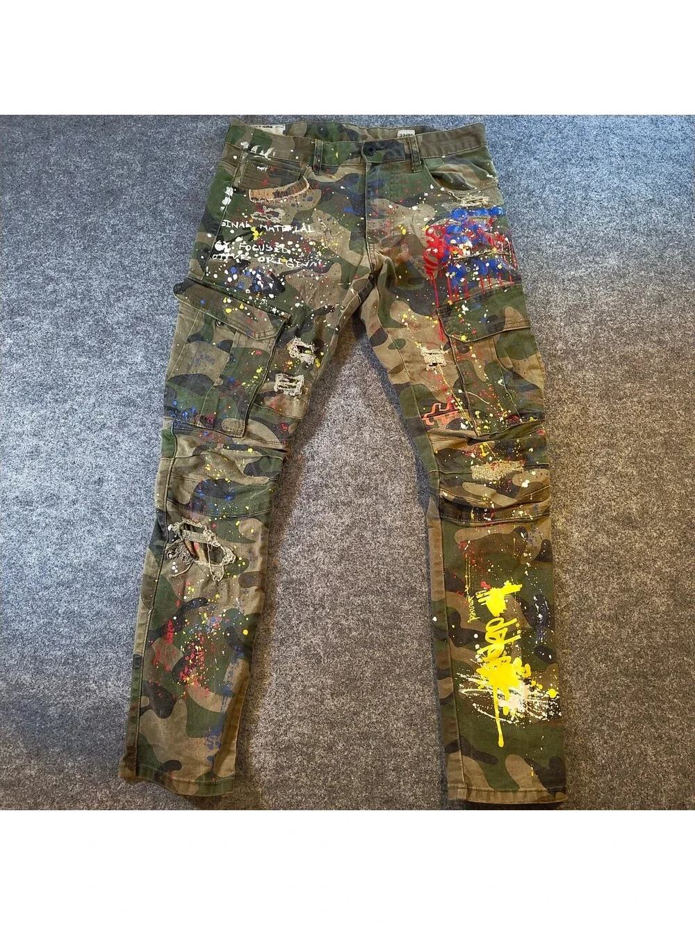 Smoke Rise Camo Paint Splatter Cargo Pants Distress Men